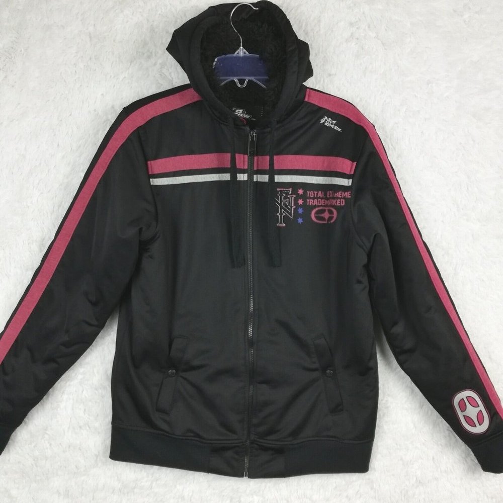 No Fear Womens Jacket‎ Sweatshirt Hoodie Faux Fur Lined Black Graphic Full Zip M